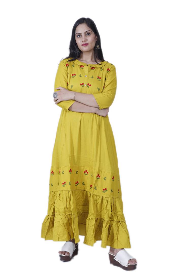 Women's Yellow A-line Frill Rayon Embroidered Kurta