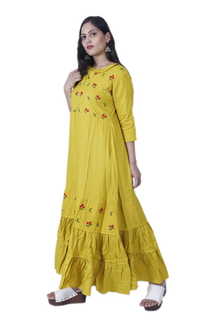 Women's Yellow A-line Frill Rayon Embroidered Kurta