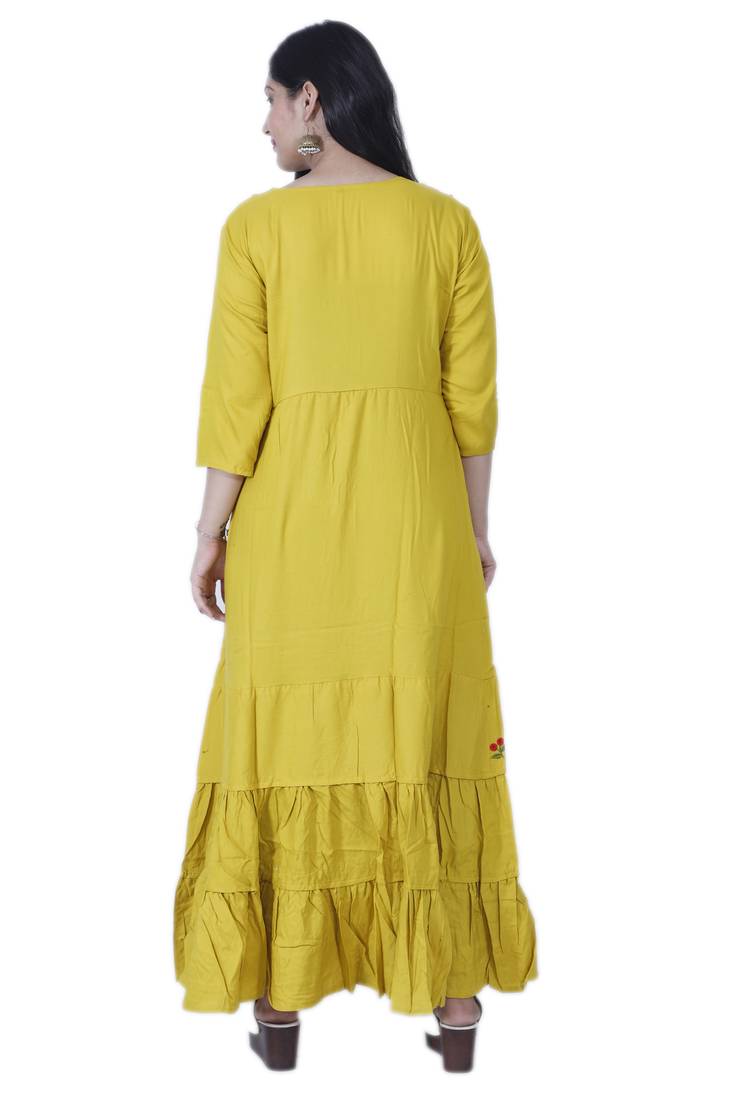 Women's Yellow A-line Frill Rayon Embroidered Kurta