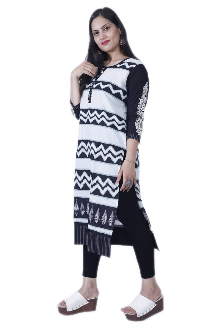 Women's Black & White Straight Contemporary Style Embroidered Cotton Kurta