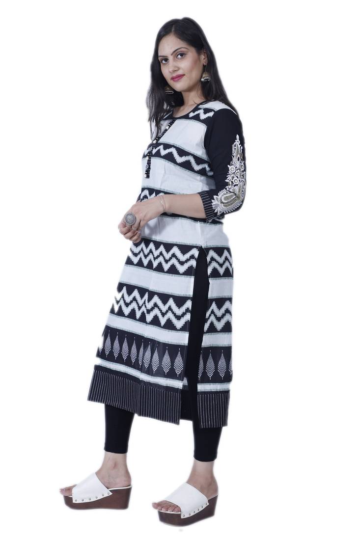 Women's Black & White Straight Contemporary Style Embroidered Cotton Kurta