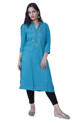Women's Blue Straight Rayon Kurta with Mirror Embroidery 1