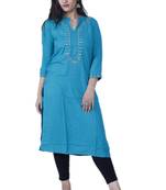 Women's Blue Straight Rayon Kurta with Mirror Embroidery