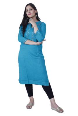 Women's Blue Straight Rayon Kurta with Mirror Embroidery 2