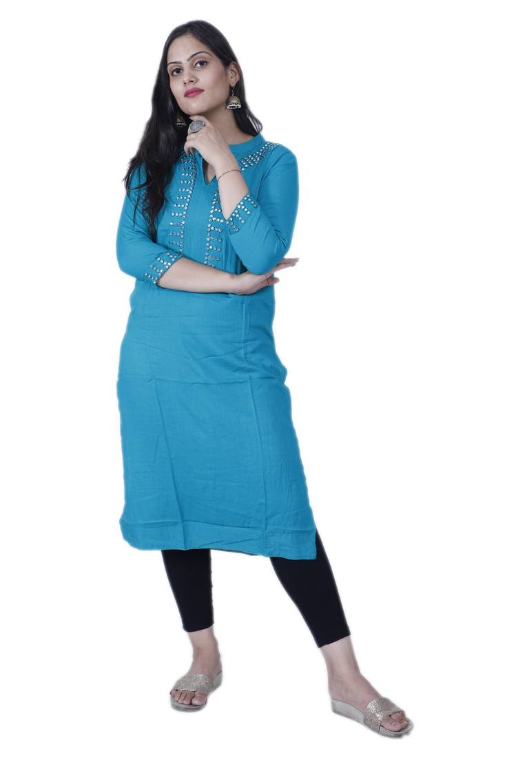 Women's Blue Straight Rayon Kurta with Mirror Embroidery