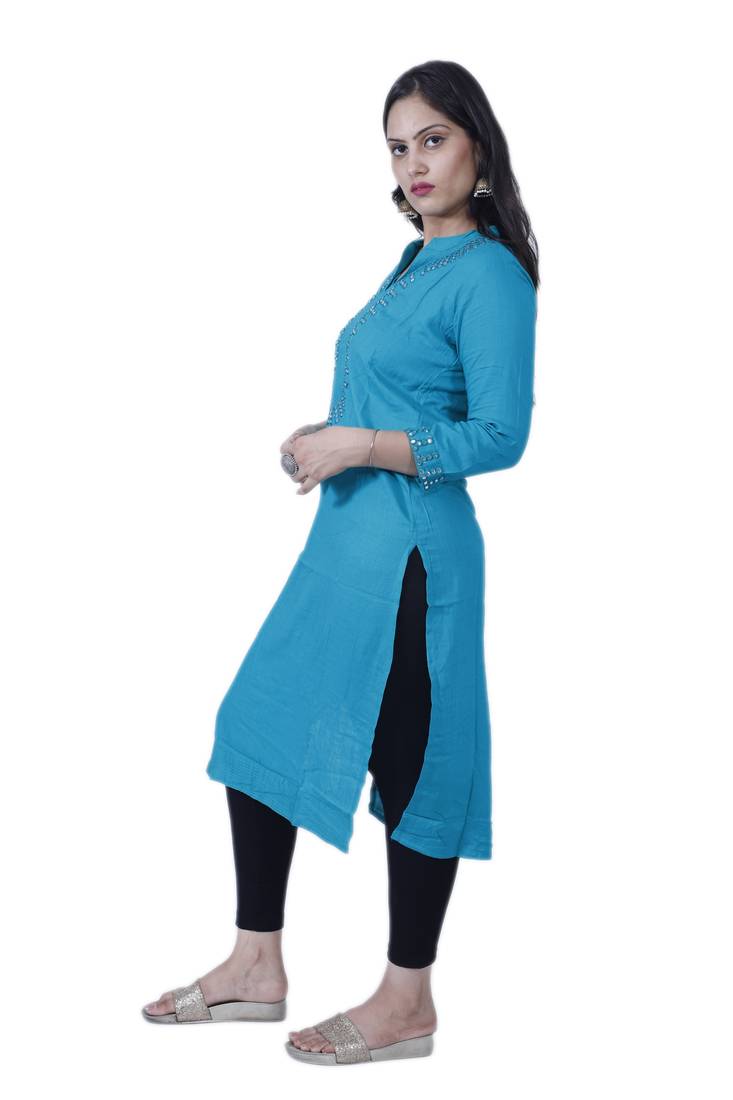 Women's Blue Straight Rayon Kurta with Mirror Embroidery
