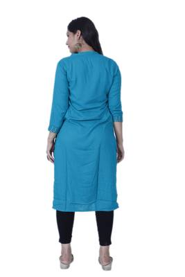 Women's Blue Straight Rayon Kurta with Mirror Embroidery 4