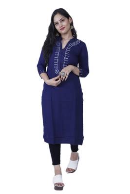 Women's Dark Blue Contemporary Style Rayon Straight Kurta with Mirror Embroidery 1