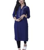 Women's Dark Blue Contemporary Style Rayon Straight Kurta with Mirror Embroidery