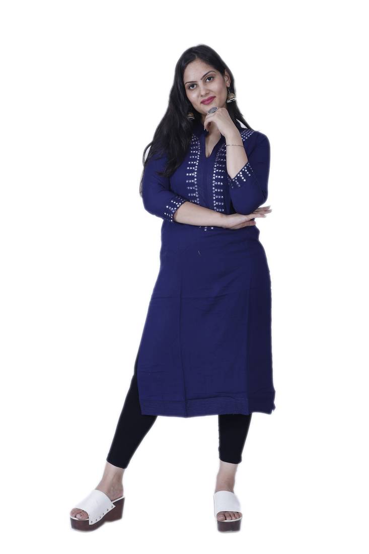 Women's Dark Blue Contemporary Style Rayon Straight Kurta with Mirror Embroidery