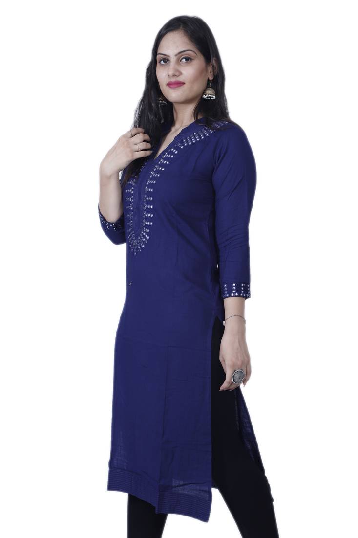 Women's Dark Blue Contemporary Style Rayon Straight Kurta with Mirror Embroidery