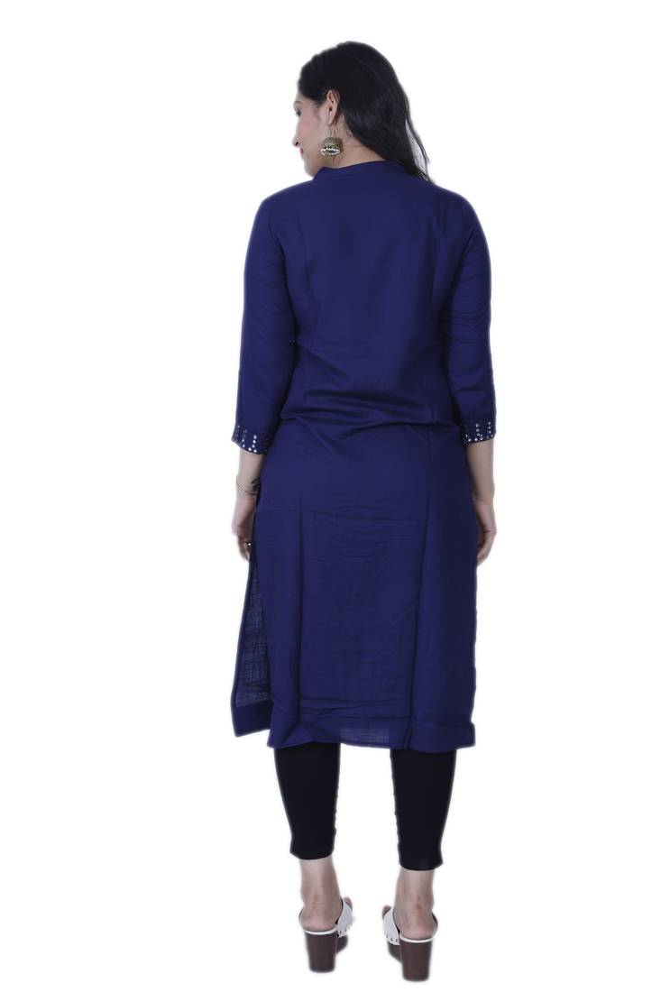 Women's Dark Blue Contemporary Style Rayon Straight Kurta with Mirror Embroidery