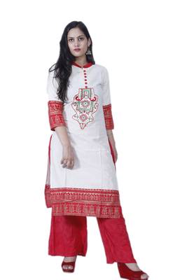 Women's White & Red Designer Cotton Kurta with Hand Woven Work 1