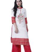 Women's White & Red Designer Cotton Kurta with Hand Woven Work