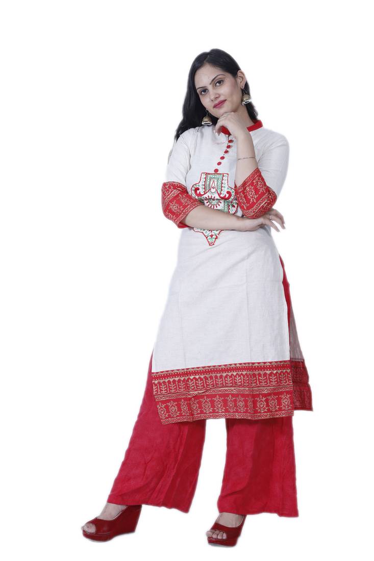 Women's White & Red Designer Cotton Kurta with Hand Woven Work