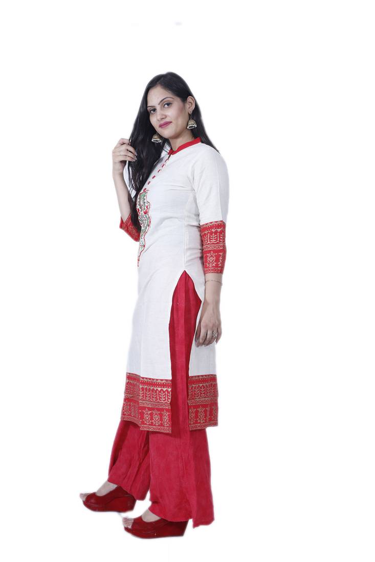 Women's White & Red Designer Cotton Kurta with Hand Woven Work