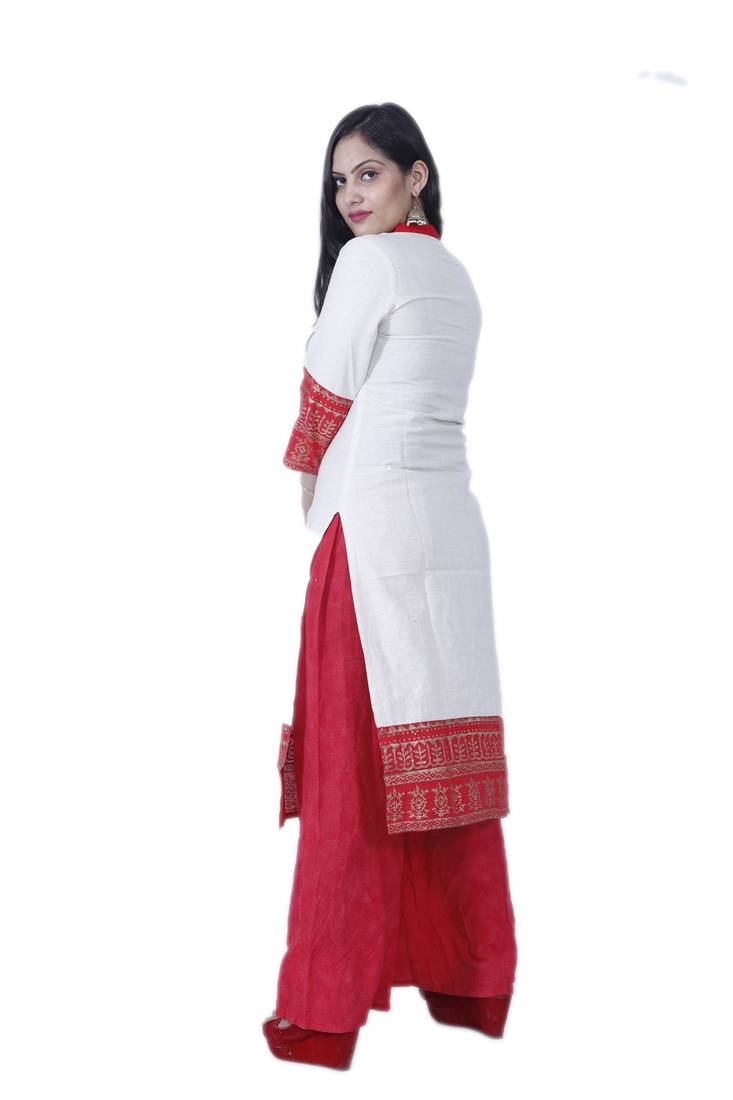 Women's White & Red Designer Cotton Kurta with Hand Woven Work