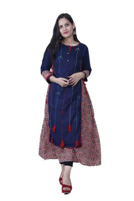 Women's Dark Blue A-line Double Layered Cotton Kurta with Innovative Handwork & Funda 1