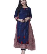 Women's Dark Blue A-line Double Layered Cotton Kurta with Innovative Handwork & Funda