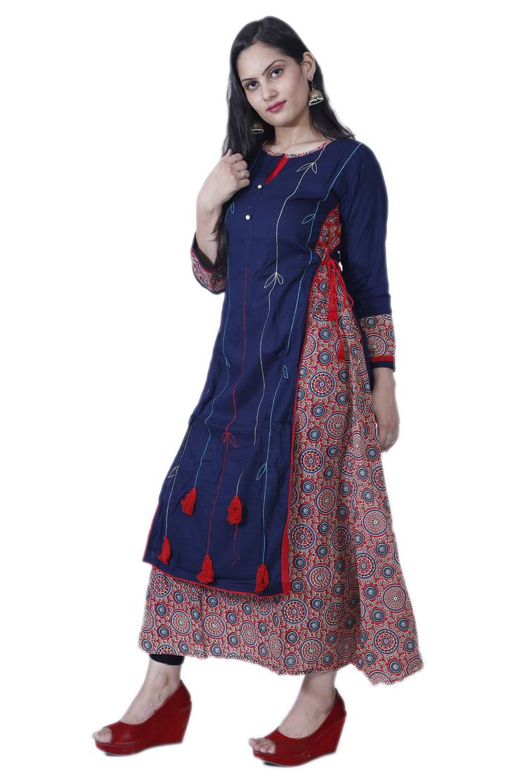 Women's Dark Blue A-line Double Layered Cotton Kurta with Innovative Handwork & Funda