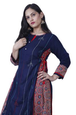 Women's Dark Blue A-line Double Layered Cotton Kurta with Innovative Handwork & Funda 3