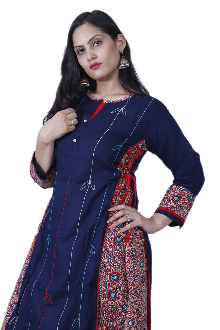 Women's Dark Blue A-line Double Layered Cotton Kurta with Innovative Handwork & Funda