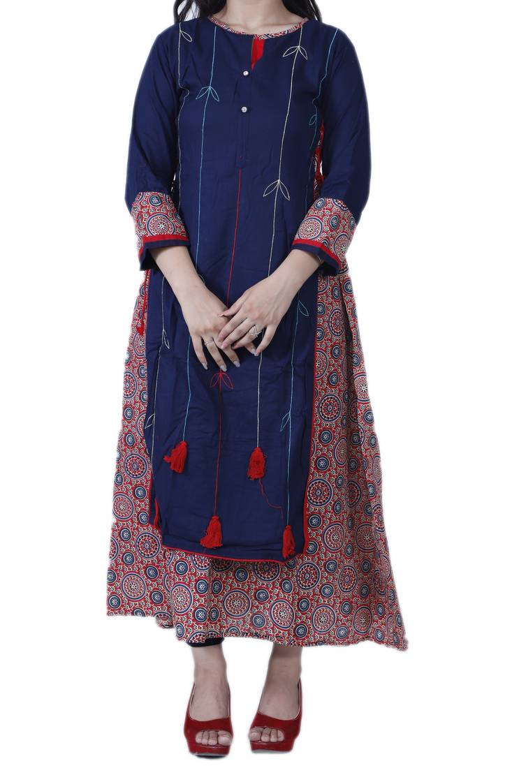 Women's Dark Blue A-line Double Layered Cotton Kurta with Innovative Handwork & Funda
