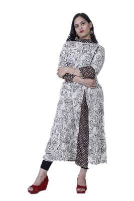 Women's Designer Off-White/ Brown Printed A-line Frill Cotton Kurta 1