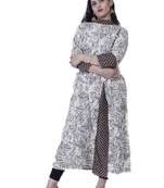 Women's Designer Off-White/ Brown Printed A-line Frill Cotton Kurta