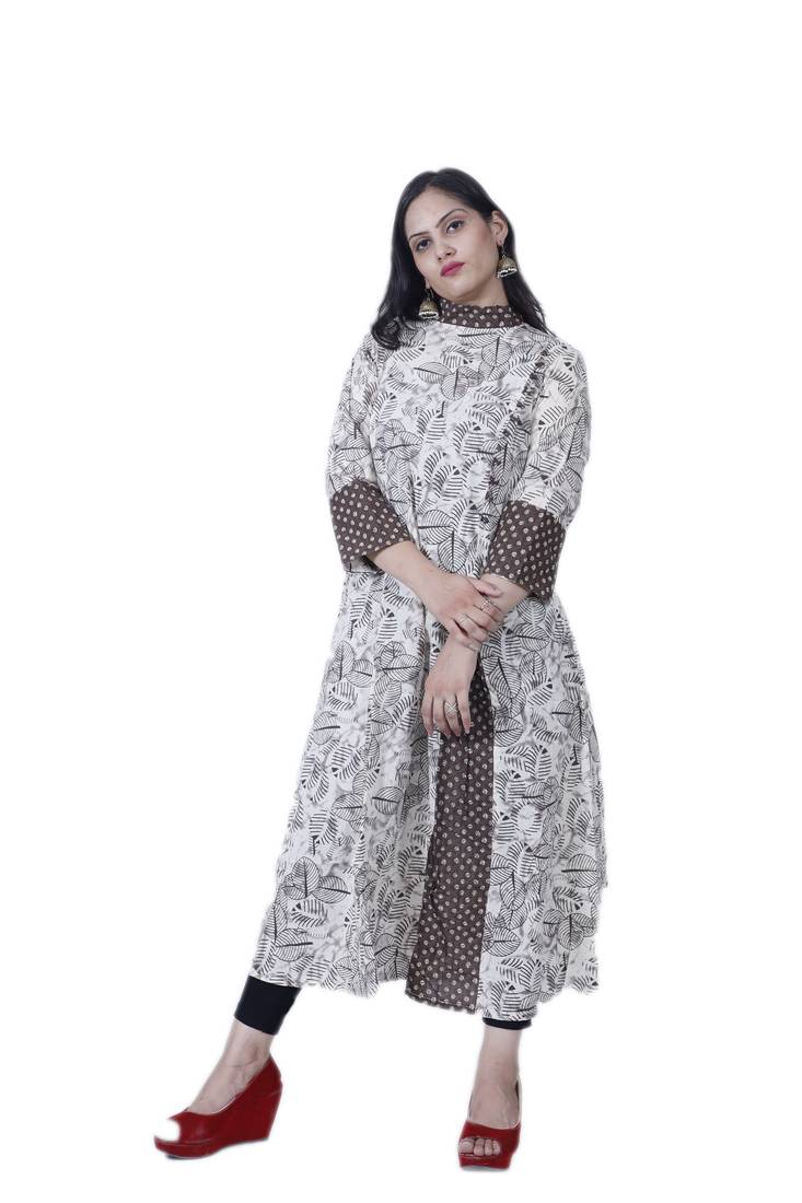 Women's Designer Off-White/ Brown Printed A-line Frill Cotton Kurta