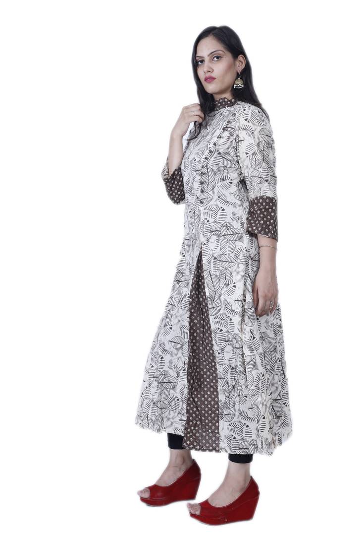 Women's Designer Off-White/ Brown Printed A-line Frill Cotton Kurta