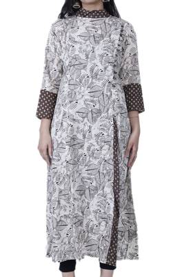 Women's Designer Off-White/ Brown Printed A-line Frill Cotton Kurta 4