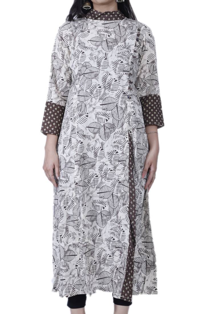 Women's Designer Off-White/ Brown Printed A-line Frill Cotton Kurta