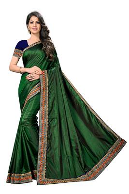 Green embroidered poly silk saree with blouse 4