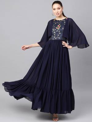 Navy Blue Georgette Embroidered Maxi Dress 1