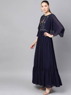 Navy Blue Georgette Embroidered Maxi Dress 2