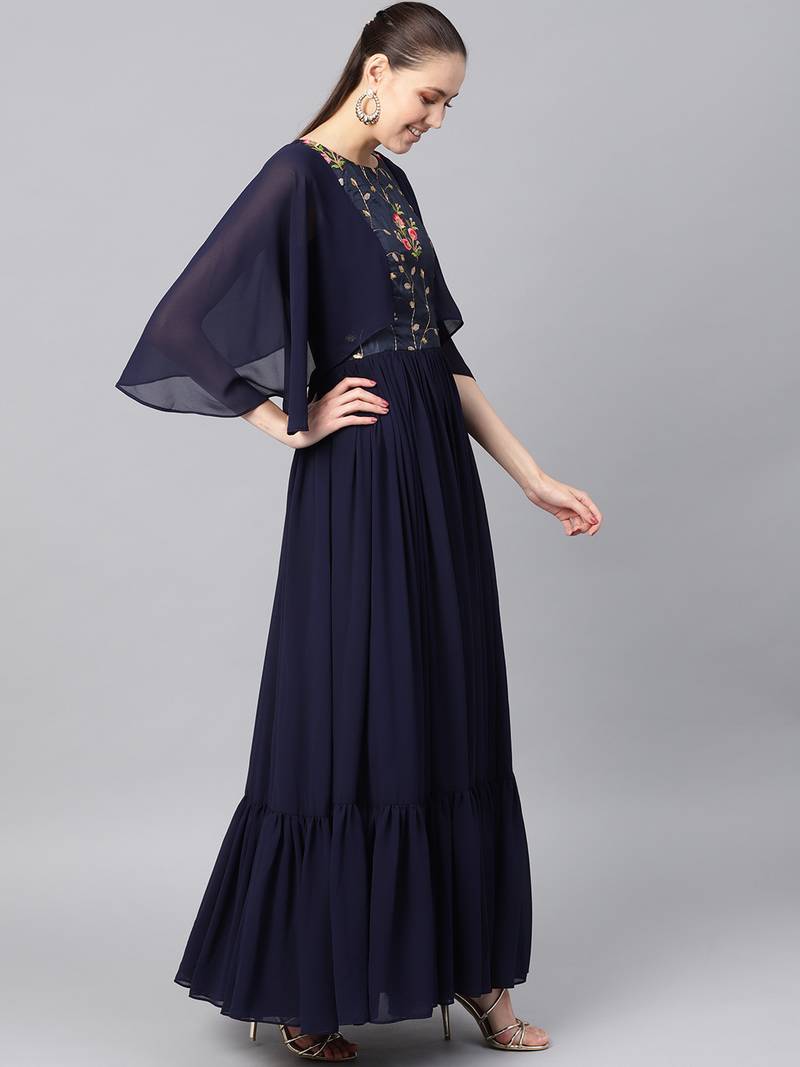 Navy Blue Georgette Embroidered Maxi Dress