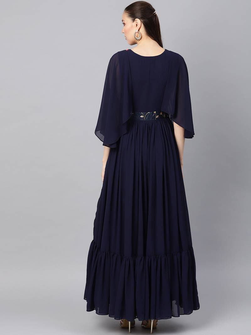 Navy Blue Georgette Embroidered Maxi Dress