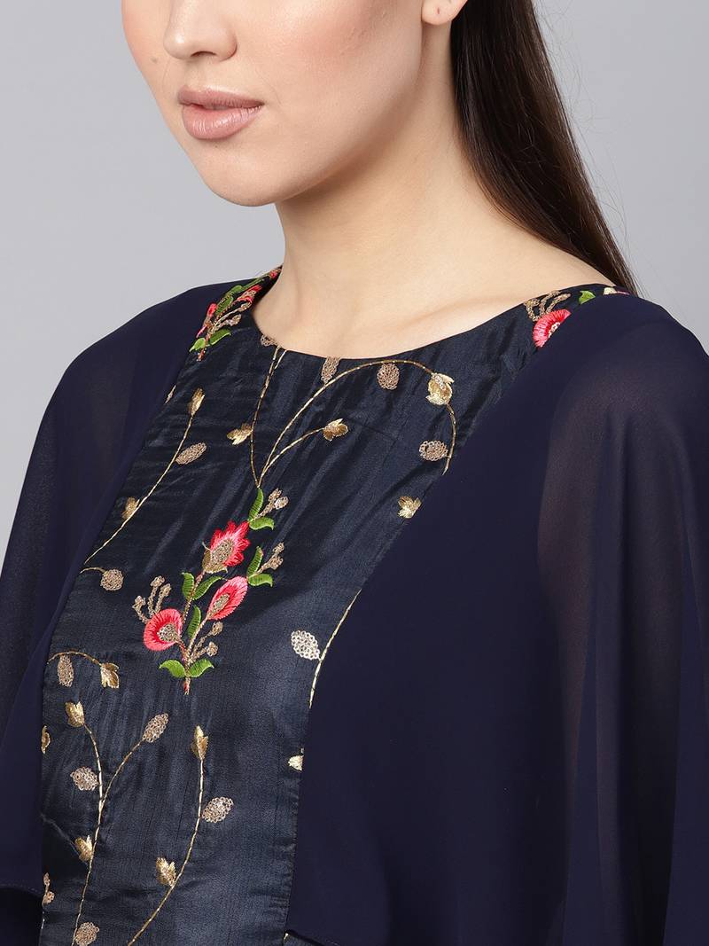 Navy Blue Georgette Embroidered Maxi Dress