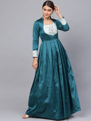 Teal Blue Silk Blend Embroidered Maxi Dress 1