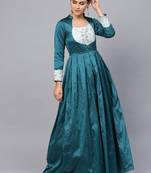 Teal Blue Silk Blend Embroidered Maxi Dress