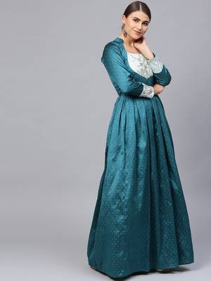 Teal Blue Silk Blend Embroidered Maxi Dress 2