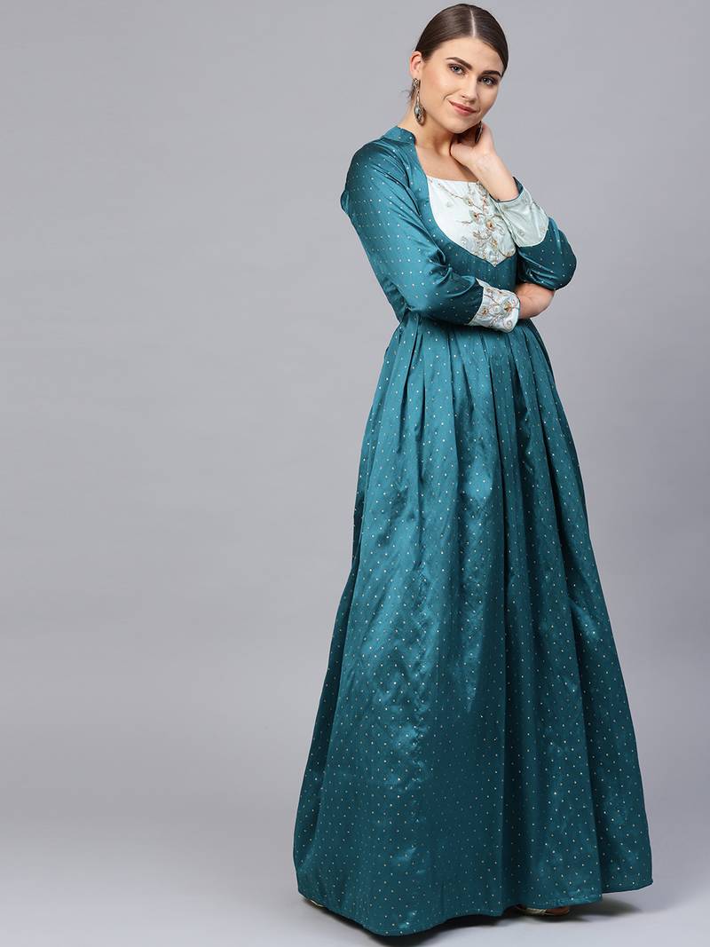 Teal Blue Silk Blend Embroidered Maxi Dress