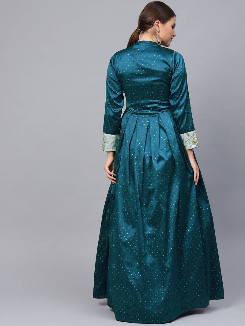 Teal Blue Silk Blend Embroidered Maxi Dress