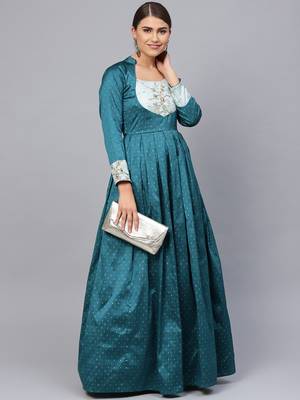 Teal Blue Silk Blend Embroidered Maxi Dress 4