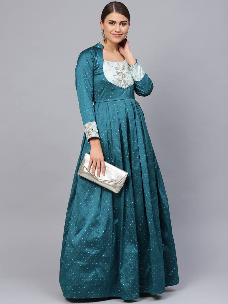Teal Blue Silk Blend Embroidered Maxi Dress