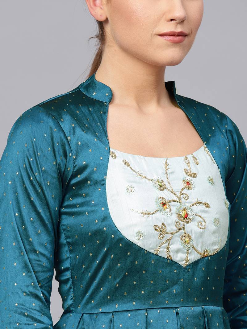 Teal Blue Silk Blend Embroidered Maxi Dress