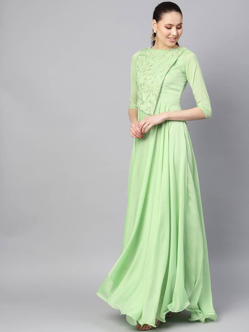 Light Green Silk Blend Embroidered Maxi Dress