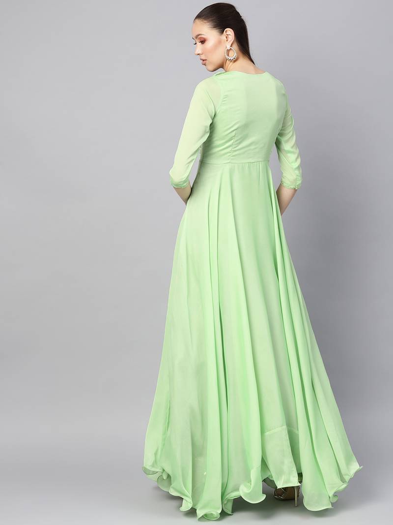 Light Green Silk Blend Embroidered Maxi Dress