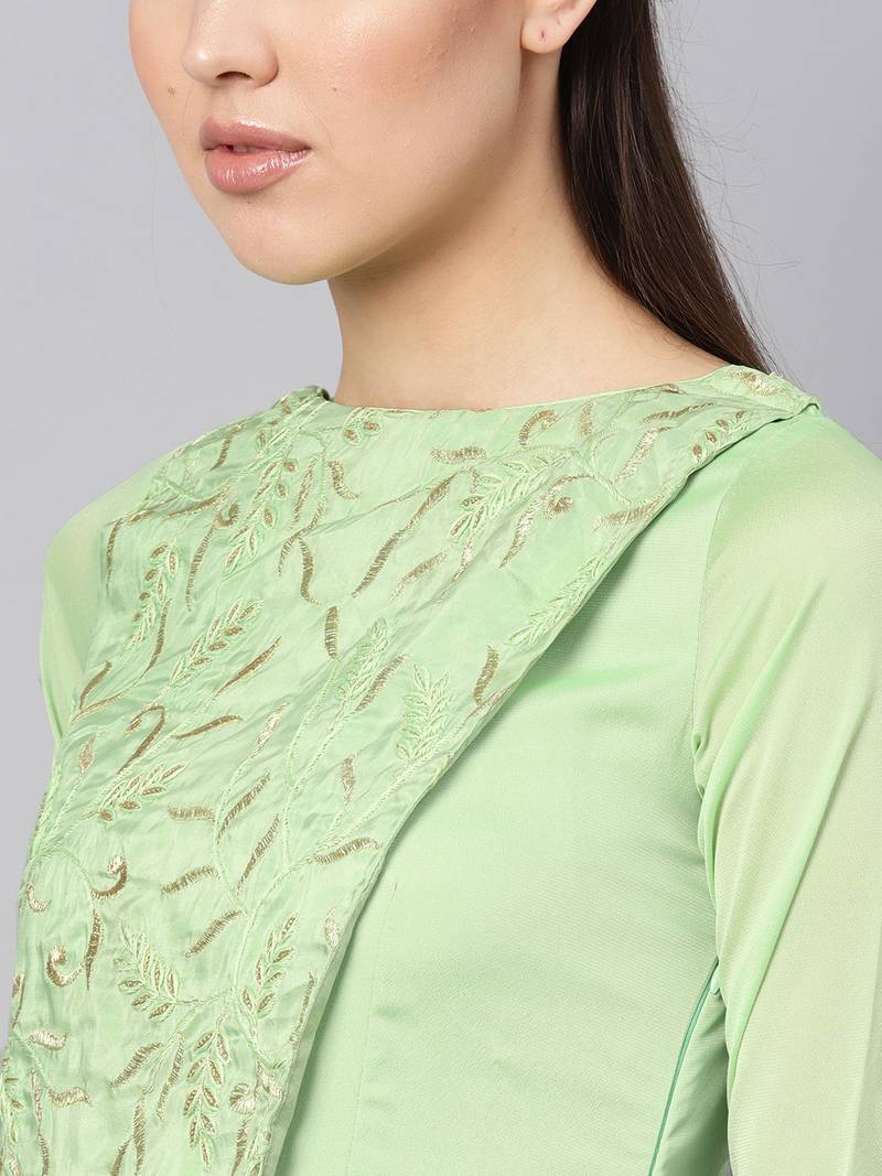 Light Green Silk Blend Embroidered Maxi Dress